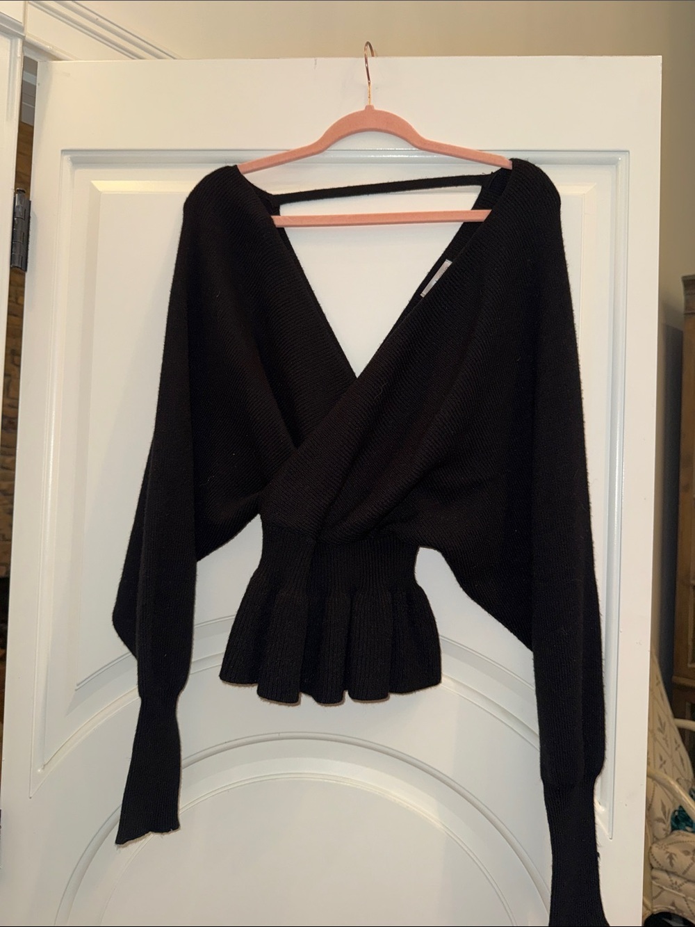 vestique Black Wrap Peplum V-Neck Sweater